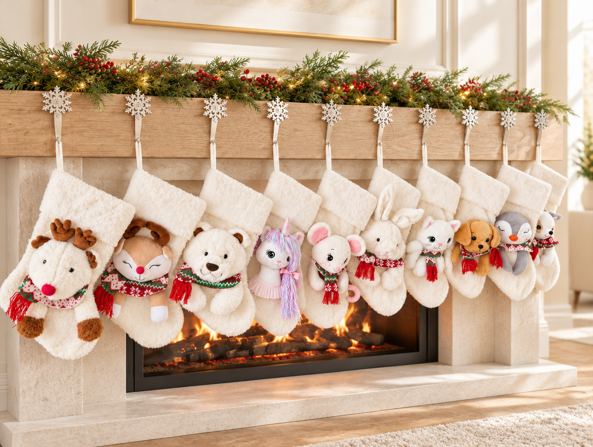 Christmas Stockings with 3D Plush Animal Characters (Red or White) | EliEla Toys