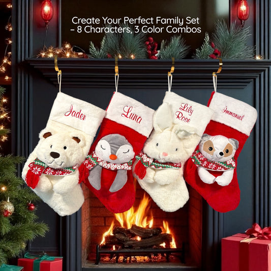 Personalized Christmas Stockings with 3D Plush Animal Characters (Red or White) | EliEla Toys
