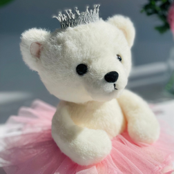 White bear ballerina princess with a pink tutu and a genuine rose quartz heart-shaped pendant.