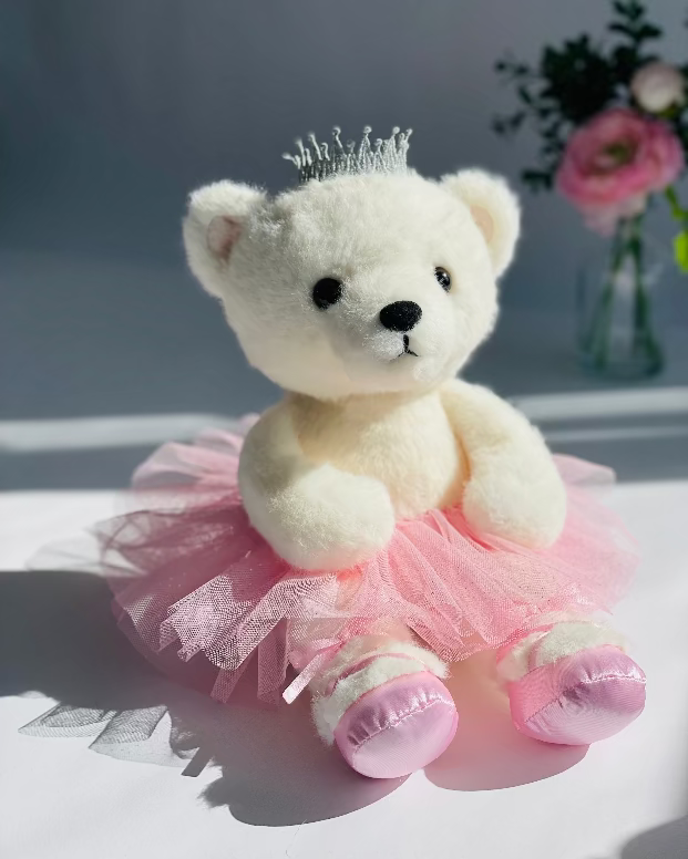 White teddy bear in a pink ballerina tutu with a silver tiara, perfect gift for girl, nursery decor, my first teddy bear, baby shower gift, new baby girl gift
