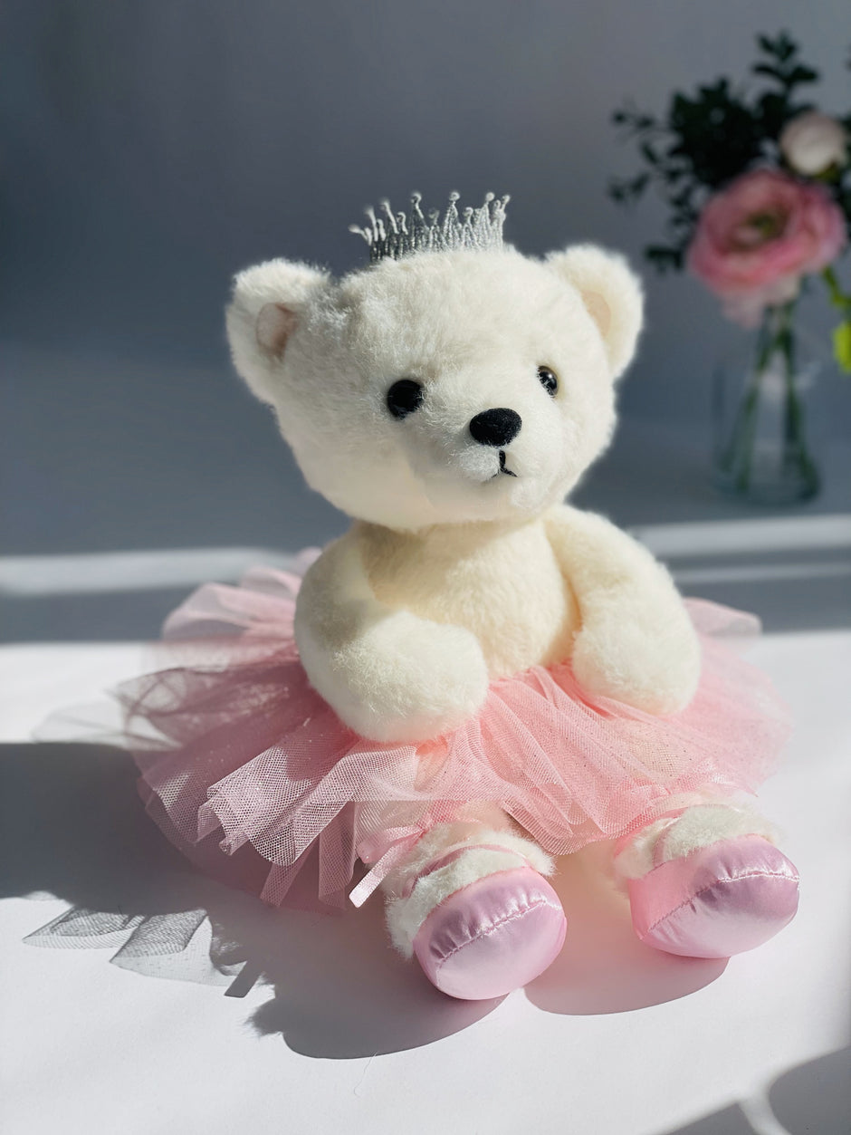 Bearinna Ballerina – white polar bear plush toy wearing tiara and ballerina pink tutu from EliEla Toys