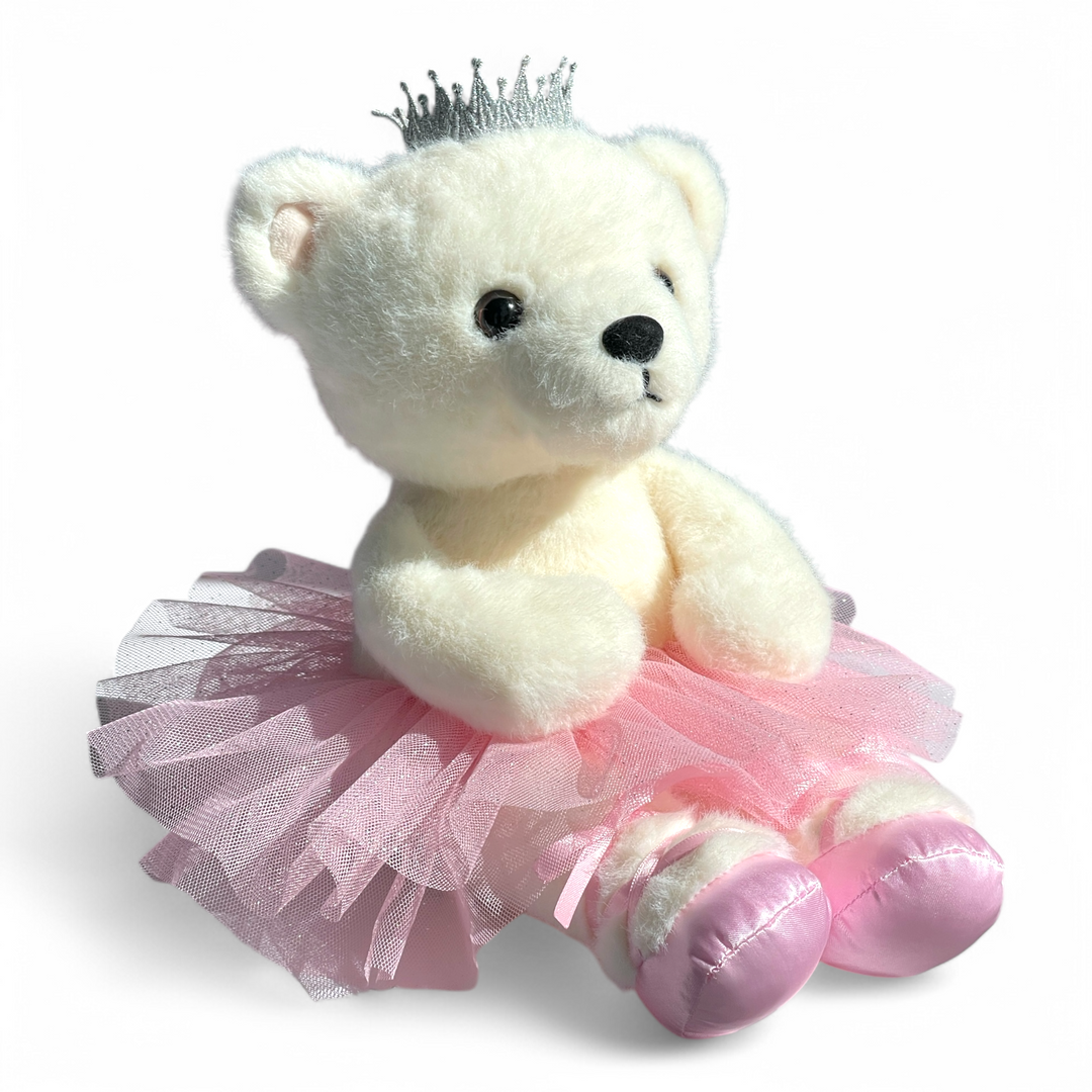 Bearinna Ballerina – white polar bear plush toy wearing tiara and ballerina pink tutu from EliEla Toys