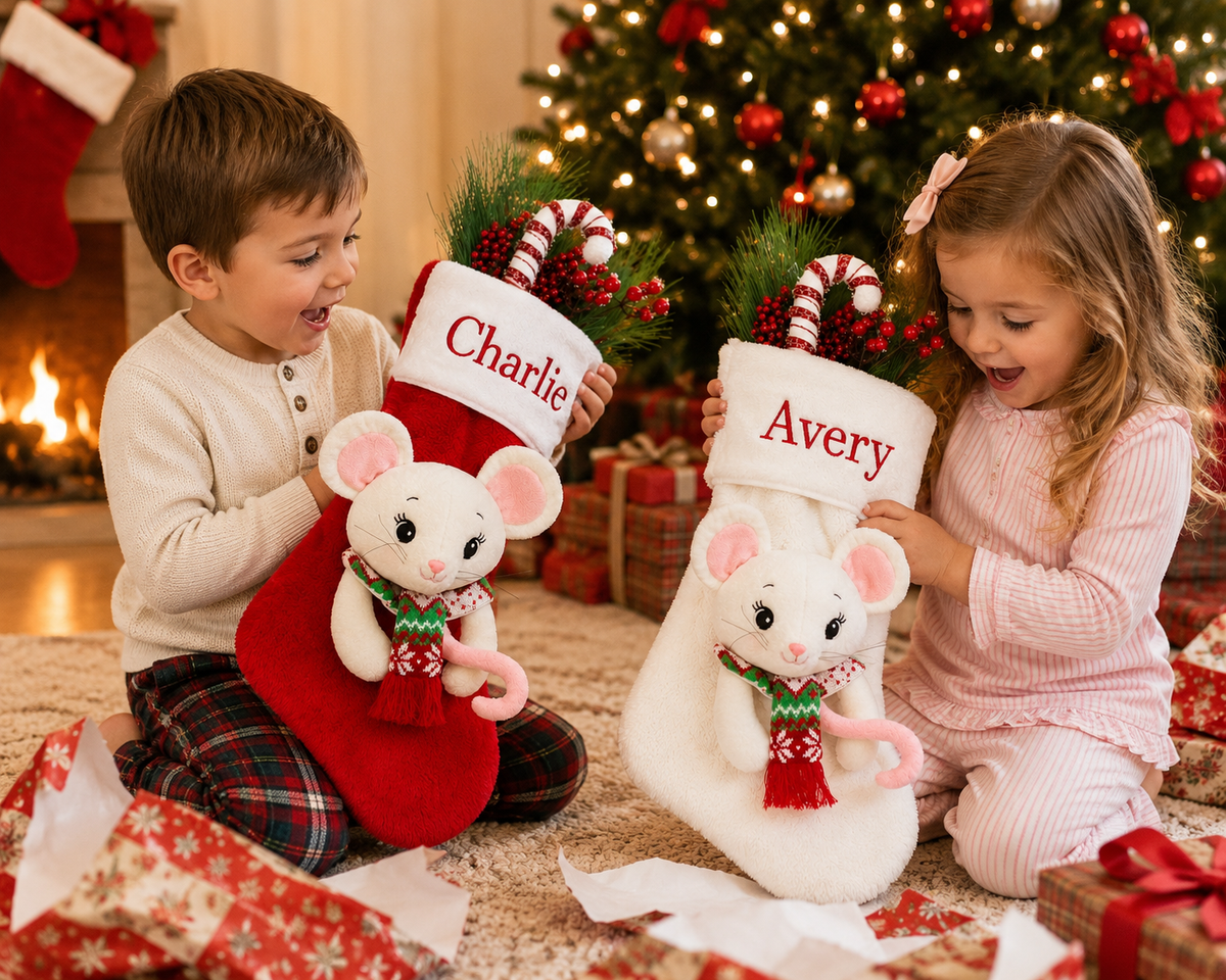 A little boy and a little girl are holding excited their own personalized Christmas stocking