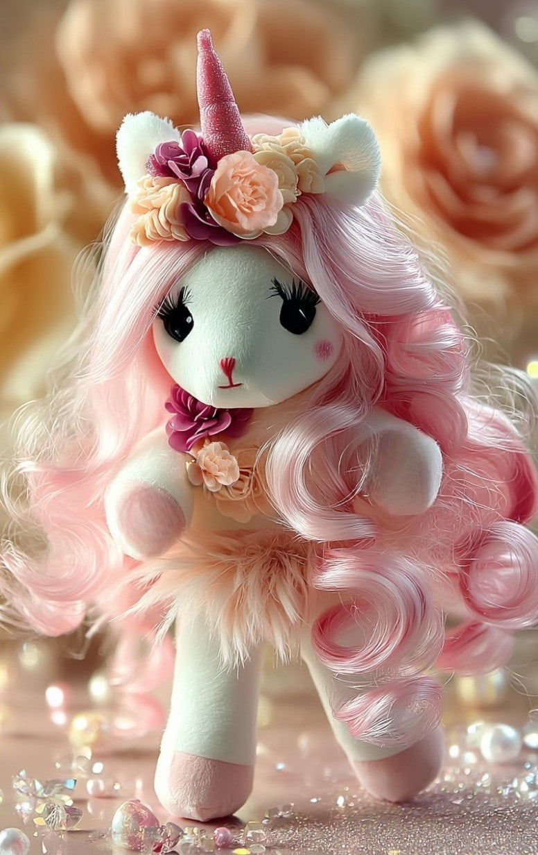 Isa the Unicorn plush toy with pink extra long hair, pink sparkly horn, flower crown, tutu dress, and complete hairstyling kit for girls aged 3 and up by EliEla Toys