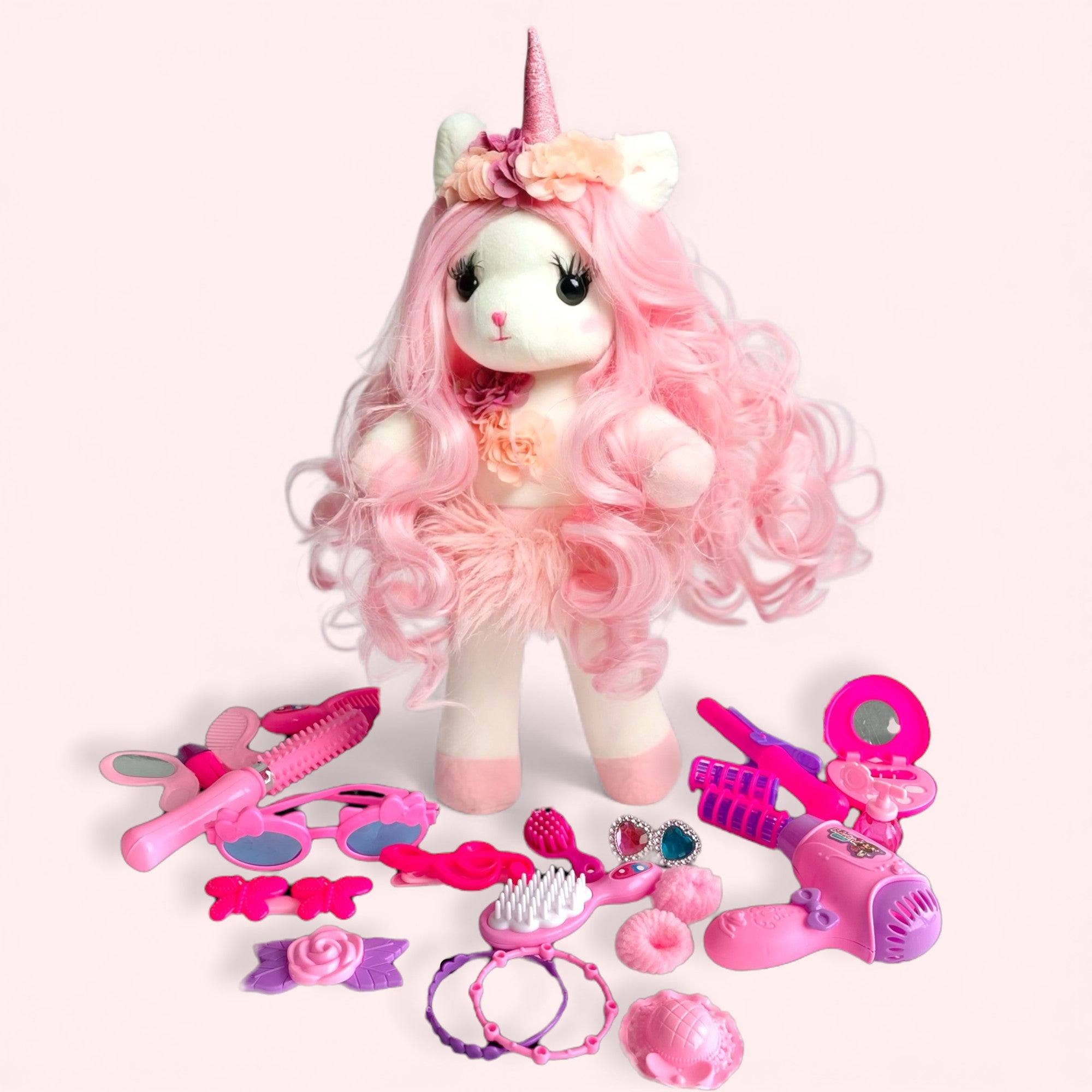 Unicorn premium doll with pink hair and hairdresser play set 