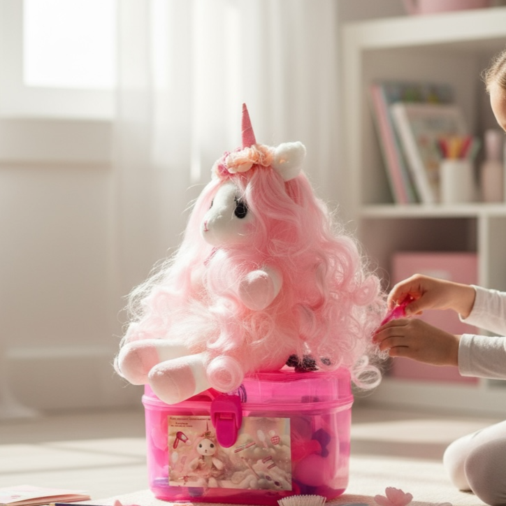Isa the Unicorn plush with long pink hair and Hairdresser Styling