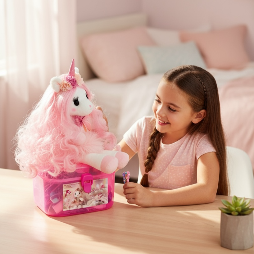 Isa the Unicorn - Plush Unicorn with pink long hair and sparkly horn and Play pretend Hairstyling Kit
