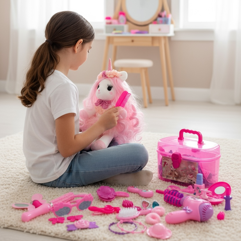 Isa the Unicorn - Plush Unicorn with pink long hair and sparkly horn and Play pretend Hairstyling Kit