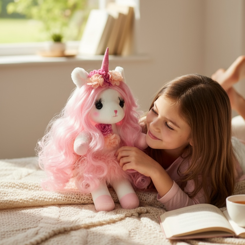 Isa the Unicorn - Plush Unicorn with pink long hair and sparkly horn and Play pretend Hairstyling Kit