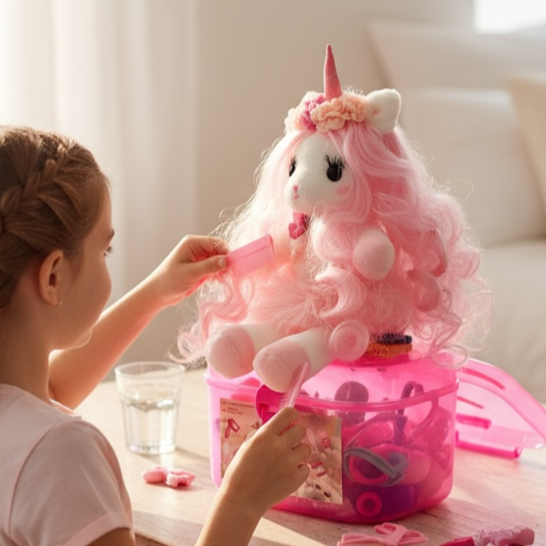 Isa the Unicorn plush toy hand made, with long pink hair and real eyelashes and hairdresser kit for hours of play pretend, gift for girls, nursery decor and unicorn whimsical theme