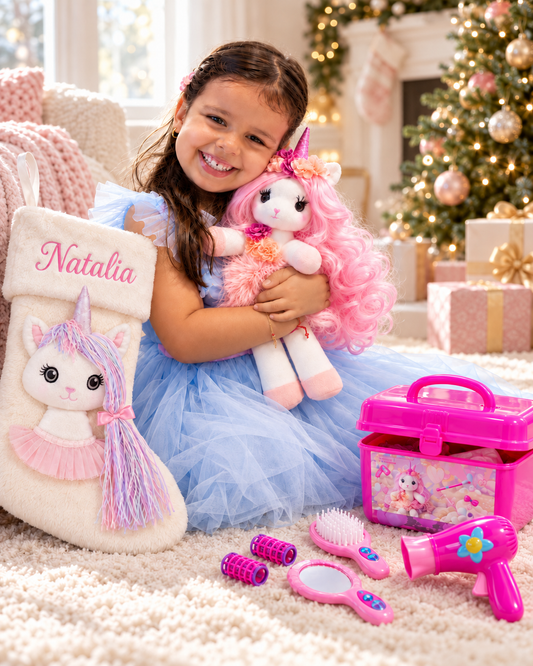 Isa the Unicorn - Plush Unicorn with pink long hair and sparkly horn and Play pretend Hairstyling Kit