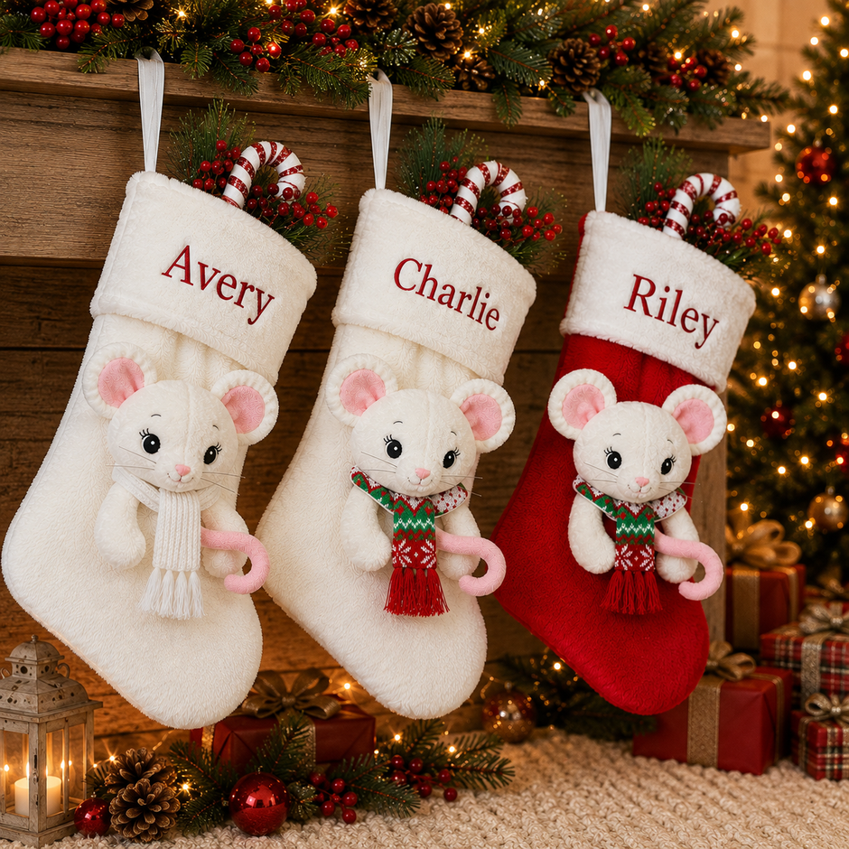 Mouse Christmas stockings in red, all white and white with colored scarf by the fireplace. The stockings have a half stuffed mouse character applied and they are really cute with embroidered eyes and mouth and real whiskers.