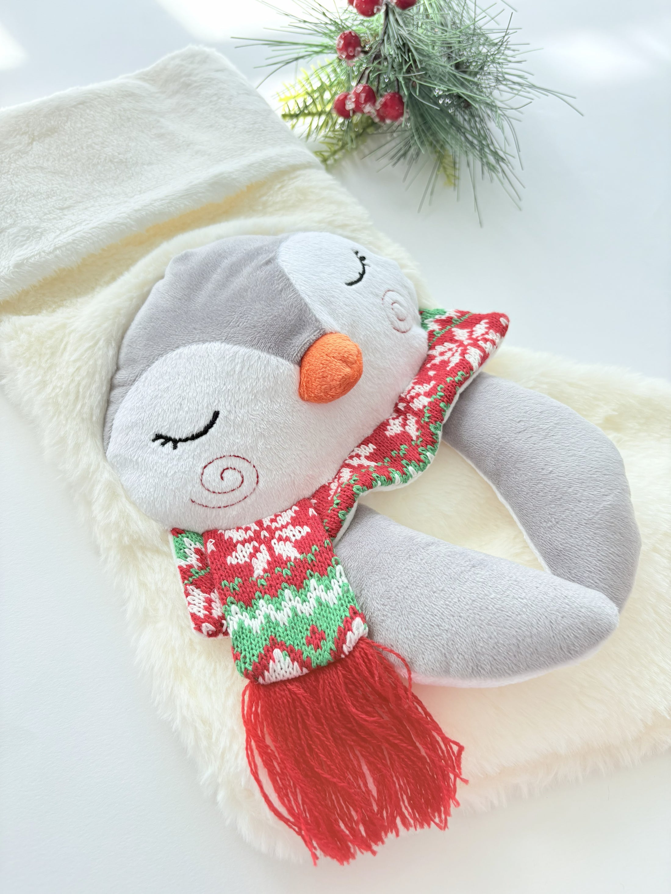 Penguin Stuffed Animal Pen the Princess - Dressed in Removable Peach Dress or Christmas Red Dress