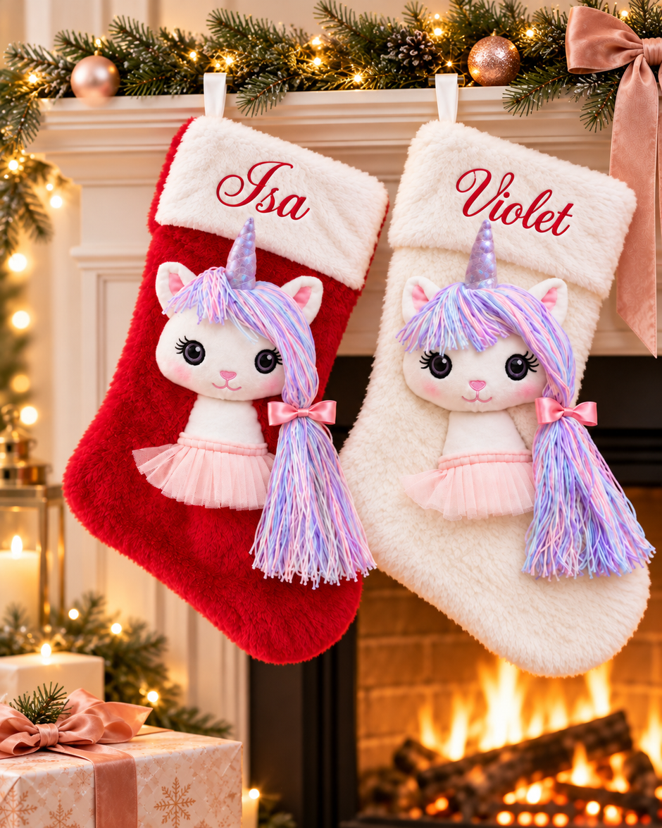 Unicorn Christmas stocking red and Unicorn Christmas stocking white with half toy stuffed animal unicorn with long pink and lavender thread hair and lavender horn, embroidered features.
