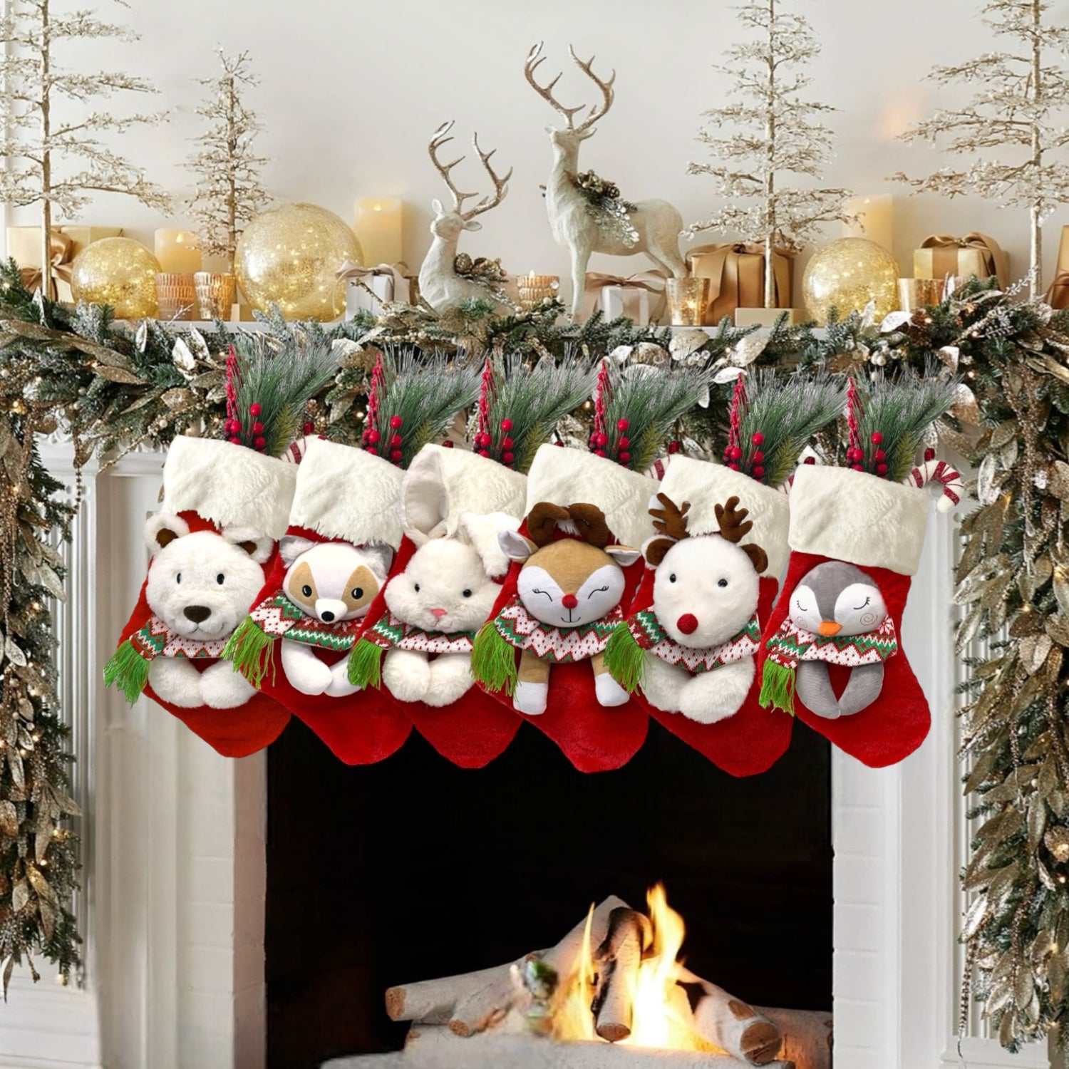 Red or White Christmas Stockings for Family and Kids with 3D Characters (Polar Bear, Reindeer, Penguin, Bunny, Fox)