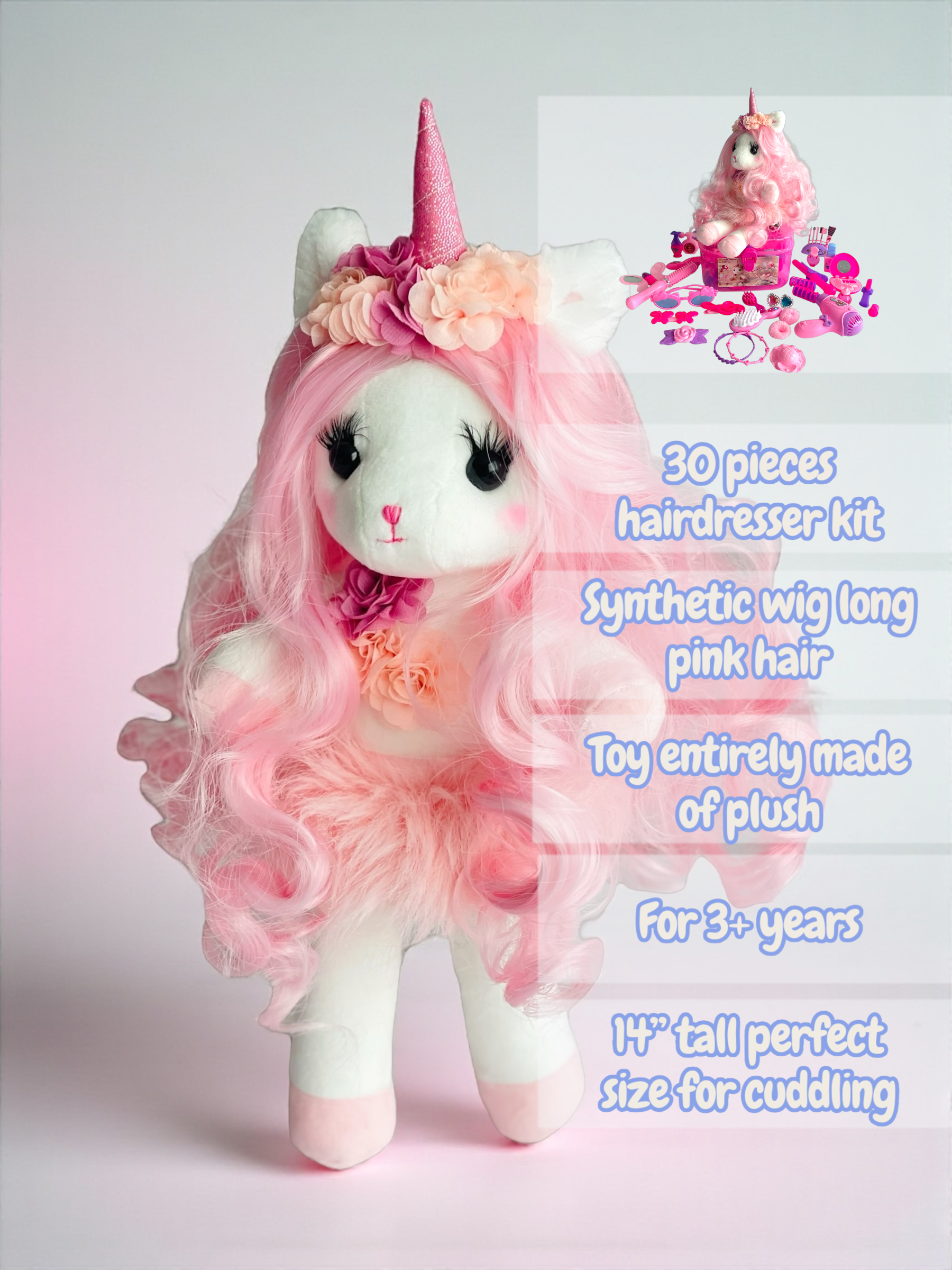 Isa the Unicorn - Plush Unicorn with pink long hair and sparkly horn and Play pretend Hairstyling Kit