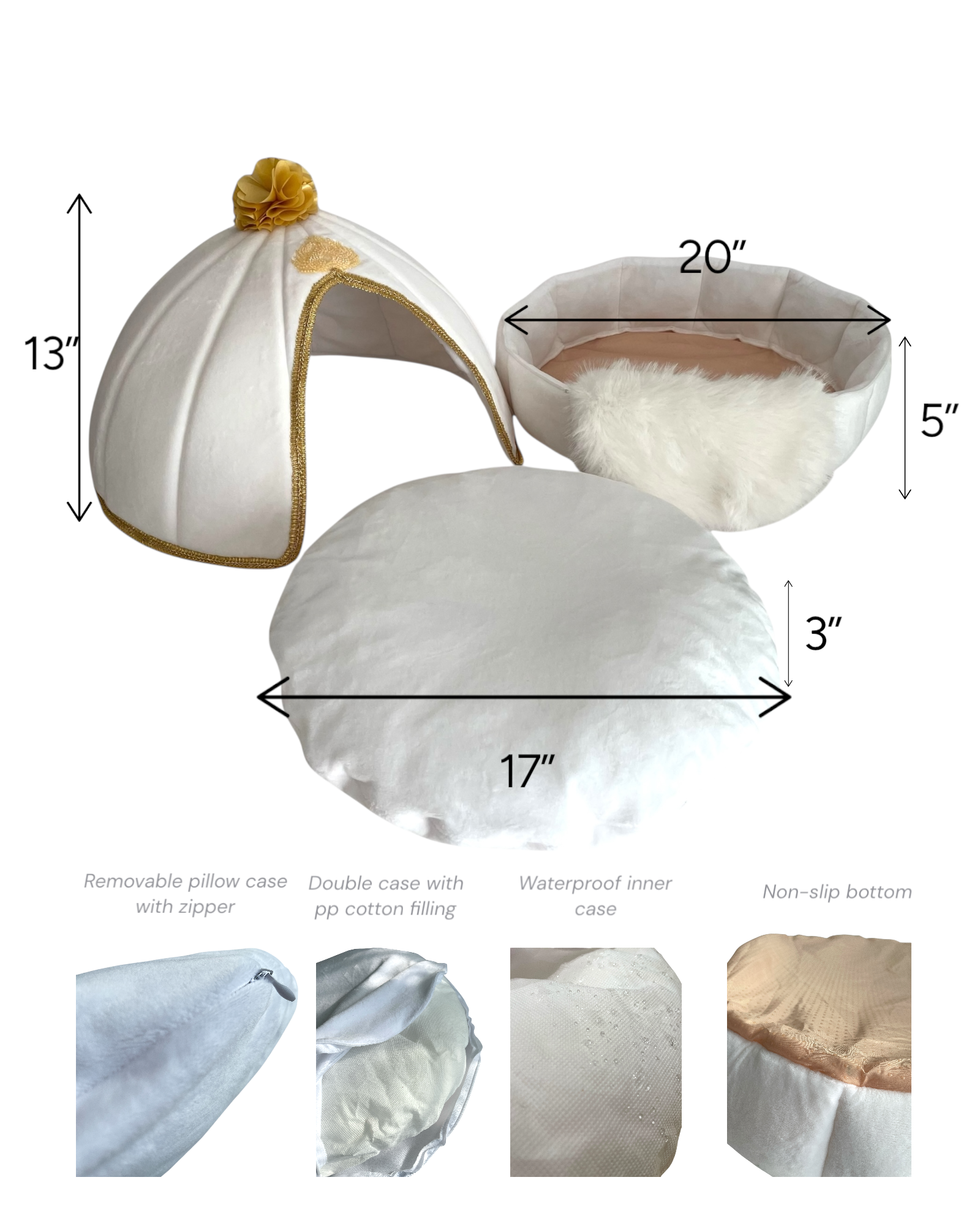 PoshPaws Luxury Velvet 2-in-1 Pet Cave Bed – For Small Dogs, Cats & Other Fur Babies (White or Champagne)