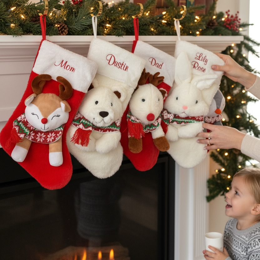 Personalized Christmas stockings with 3D plush animals for families with kids and pets