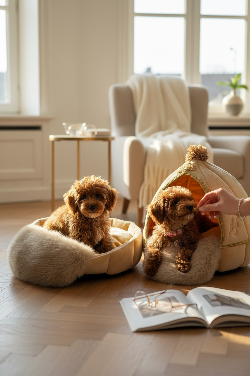 PoshPaws Luxury Velvet 2-in-1 Pet Cave Bed – For Small Dogs, Cats & Other Fur Babies (White or Champagne)