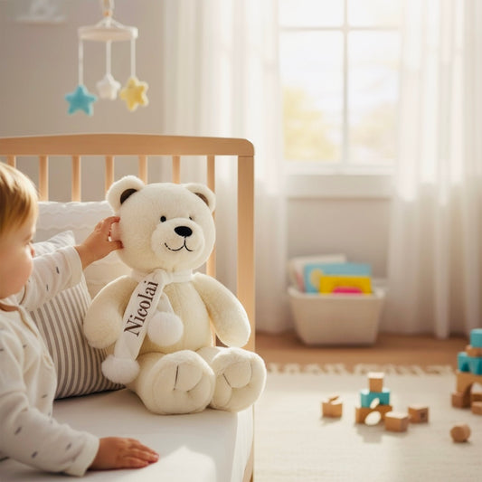 Nicolai the Polar Bear Plush Toy – White & Beige Scarf Options