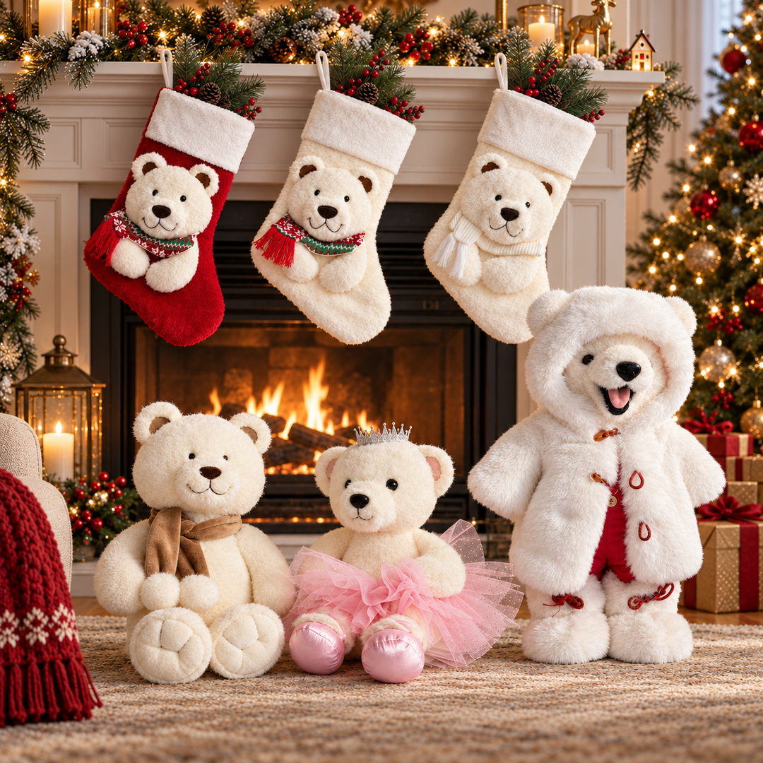 A set of plush teddy bears arranged in a cozy holiday living room scene with a fireplace, stockings, Christmas tree, and wrapped gifts. The set includes a large white bear in a hooded coat, a smaller white ballerina bear in a pink tutu and tiara, a white bear with a brown scarf, in set with a red bear stocking with a white bear face or all white stockings