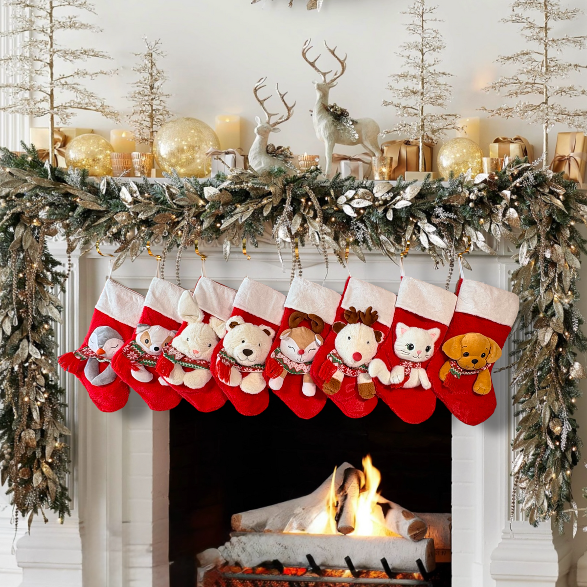 Decorative Christmas stockings with plush toys hanging above a fireplace.