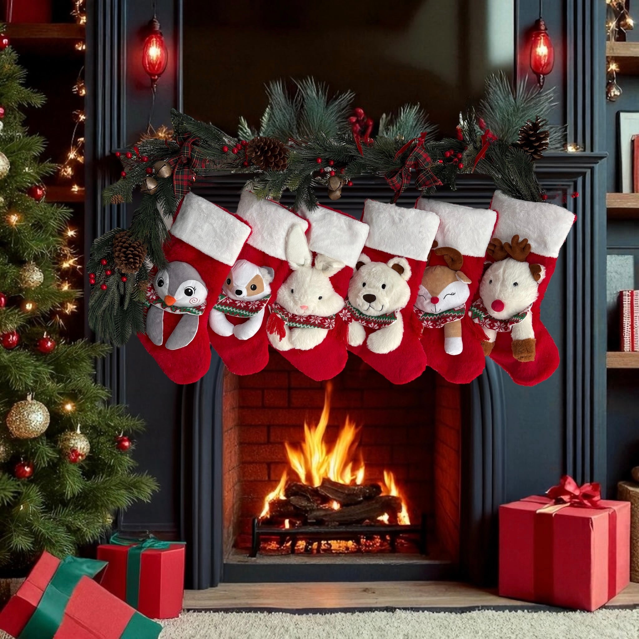 Christmas Stockings with 3D Plush Animal Characters (Red or White - Puppy Dog Stocking) | EliEla Toys