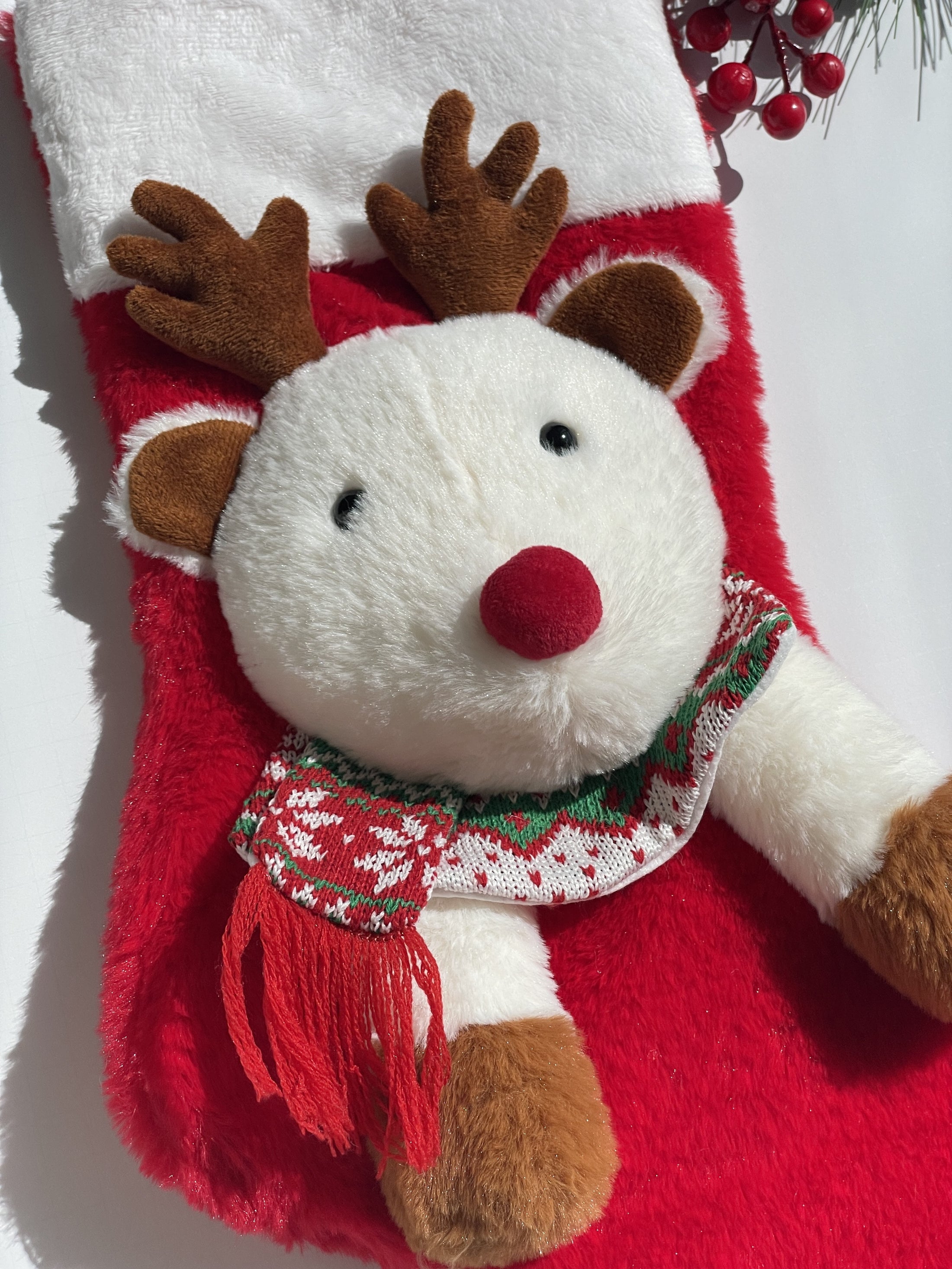 Christmas Stocking Reindeer Raul 3D Characters Stockings for Kids and Family (White / Red)