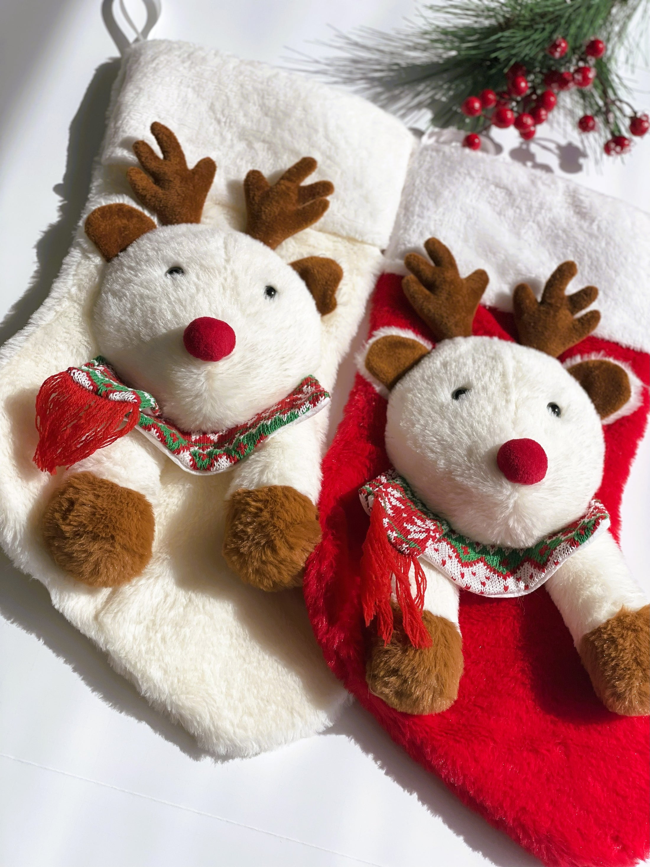 Christmas Stocking Reindeer Raul 3D Characters Stockings for Kids and Family (White / Red)