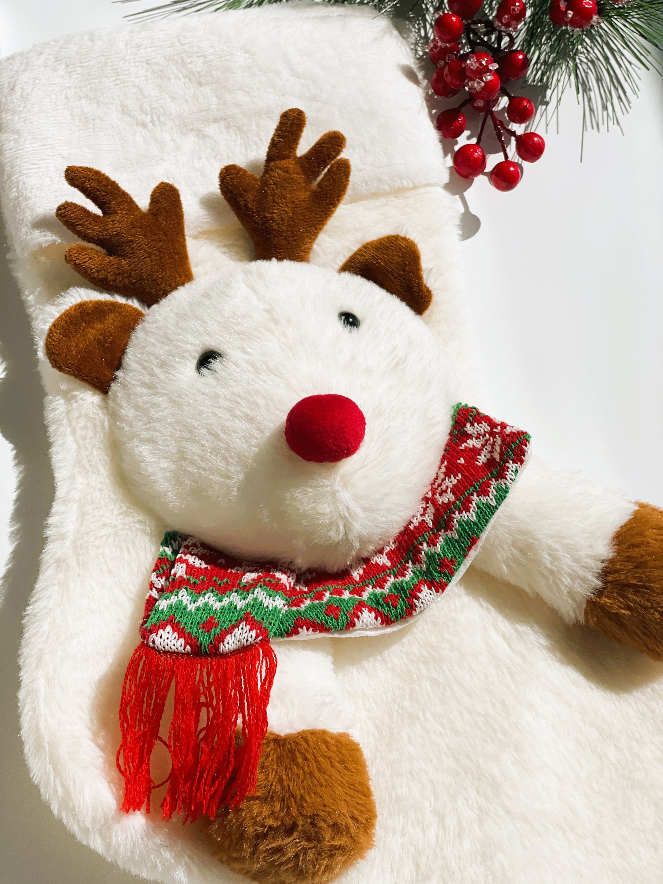 Christmas Stocking Reindeer Raul 3D Characters Stockings for Kids and Family (White / Red)