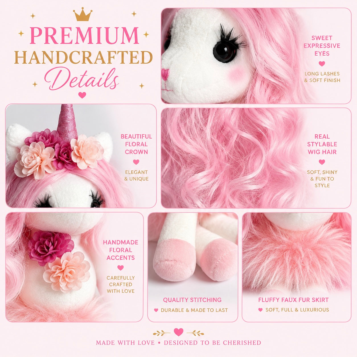 Isa the Unicorn - Plush Unicorn with pink long hair and sparkly horn and Play pretend Hairstyling Kit