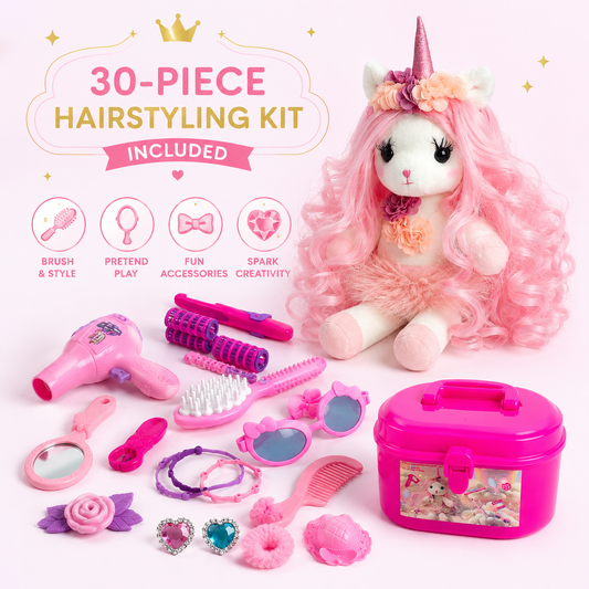 Isa the Unicorn - Plush Unicorn with pink long hair and sparkly horn and Play pretend Hairstyling Kit