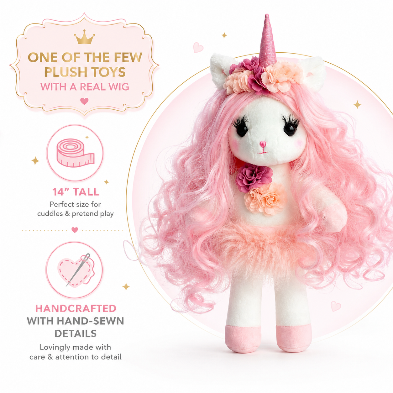 Isa the Unicorn - Plush Unicorn with pink long hair and sparkly horn and Play pretend Hairstyling Kit