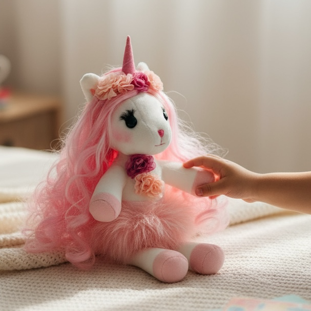 Isa the Unicorn - Plush Unicorn with pink long hair and sparkly horn and Play pretend Hairstyling Kit