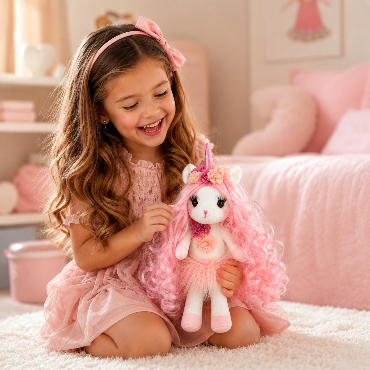Isa the Unicorn - Plush Unicorn with pink long hair and sparkly horn and Play pretend Hairstyling Kit