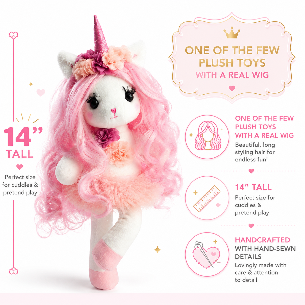 Isa the Unicorn - Plush Unicorn with pink long hair and sparkly horn and Play pretend Hairstyling Kit