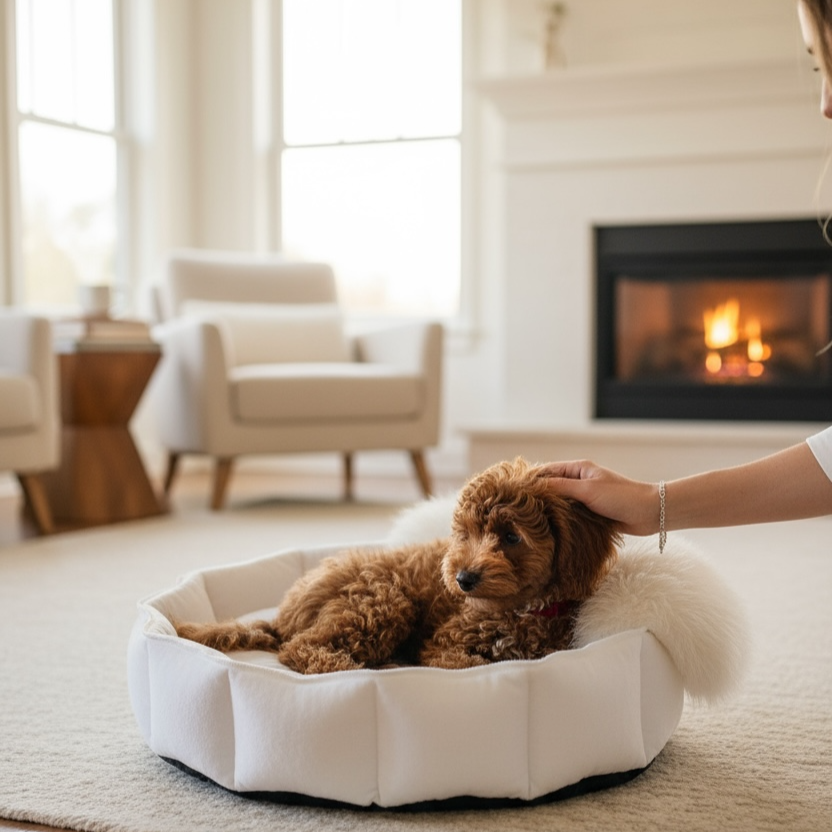 PoshPaws Luxury Velvet 2-in-1 Pet Cave Bed – For Small Dogs, Cats & Other Fur Babies (White or Champagne)